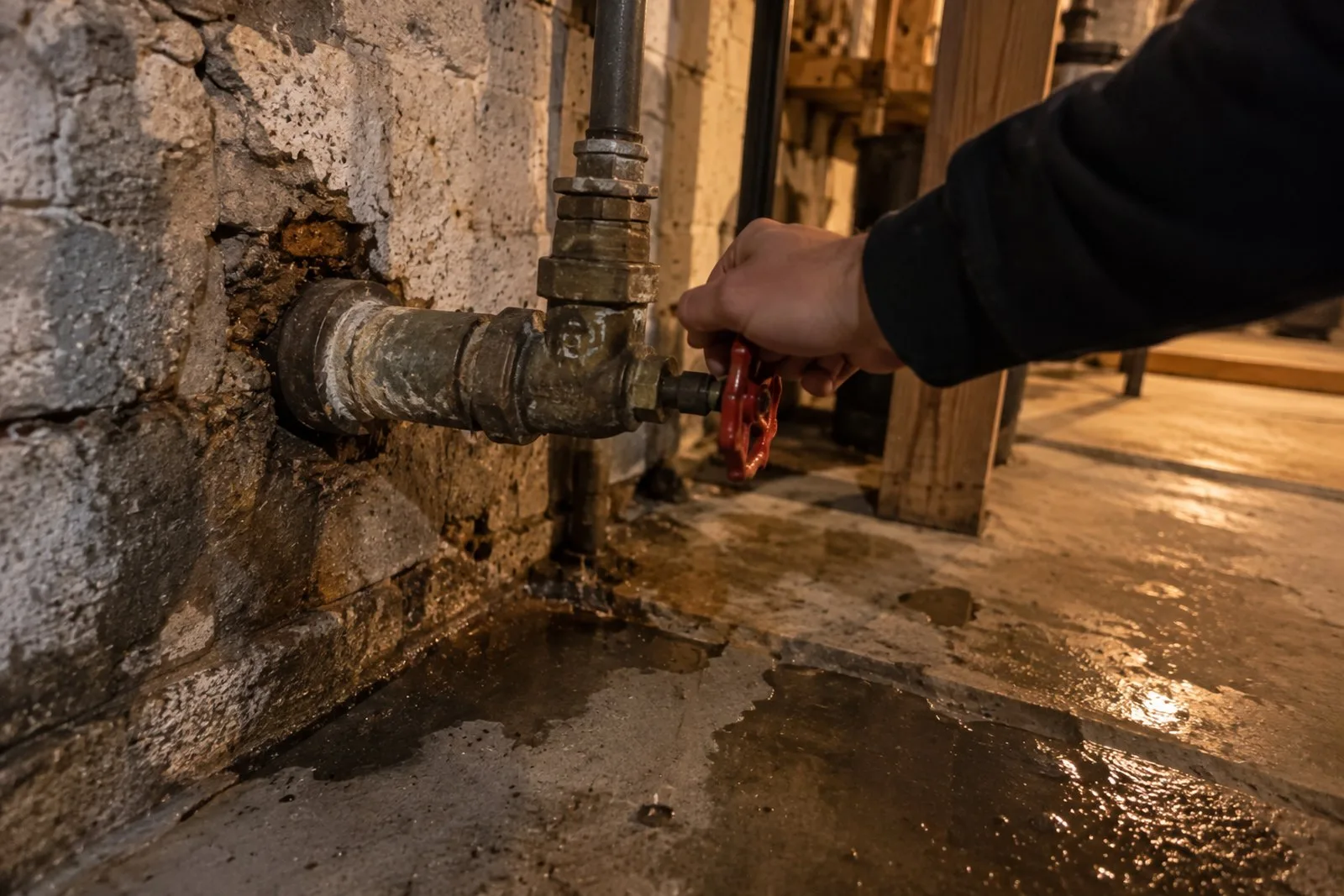 Hand turning a home's main water shutoff valve clockwise during a plumbing leak